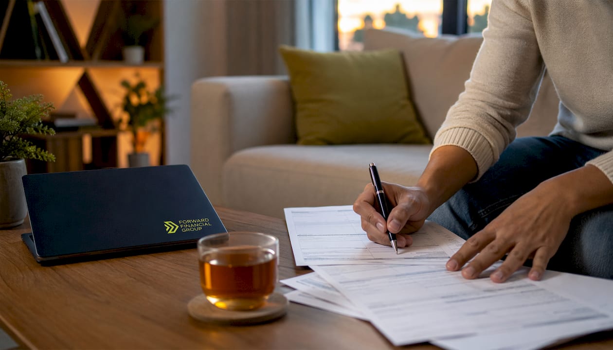 Close-up of mortgage forms on kitchen table