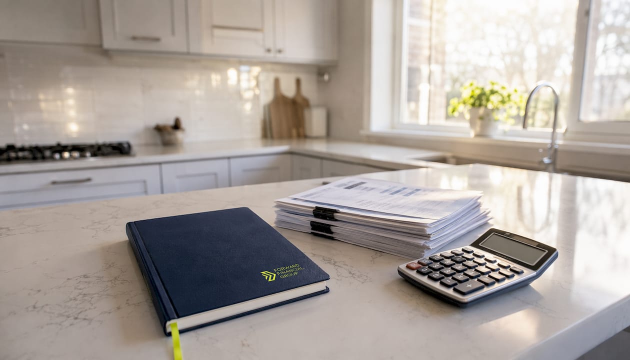 Calculator and bank statements for budgeting deposits