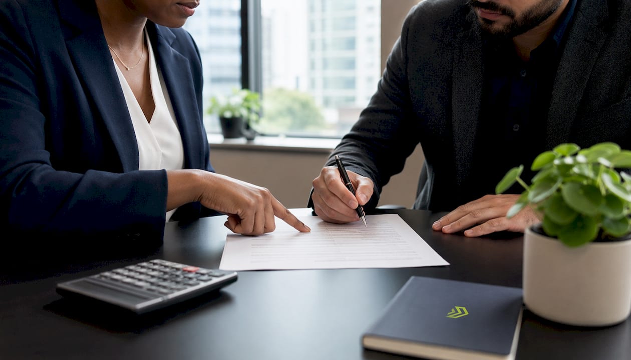 Hands reviewing home purchase contract and calculator
