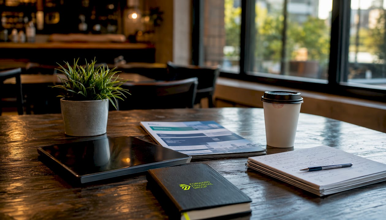 Workspace with financial documents and planning tools