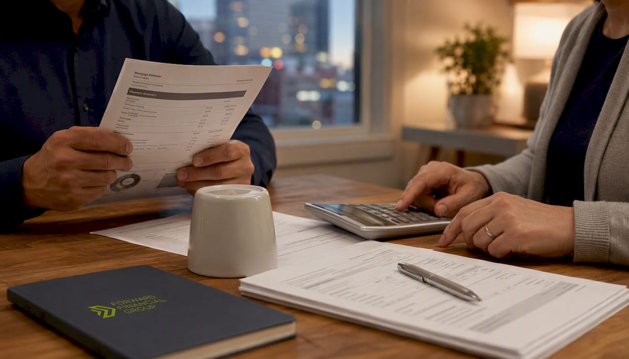Hands calculating mortgage estimate paperwork
