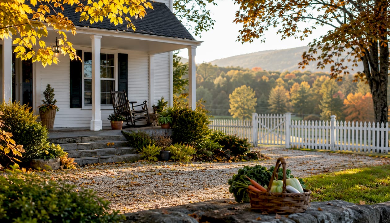Rural farmhouse with lawn and porch