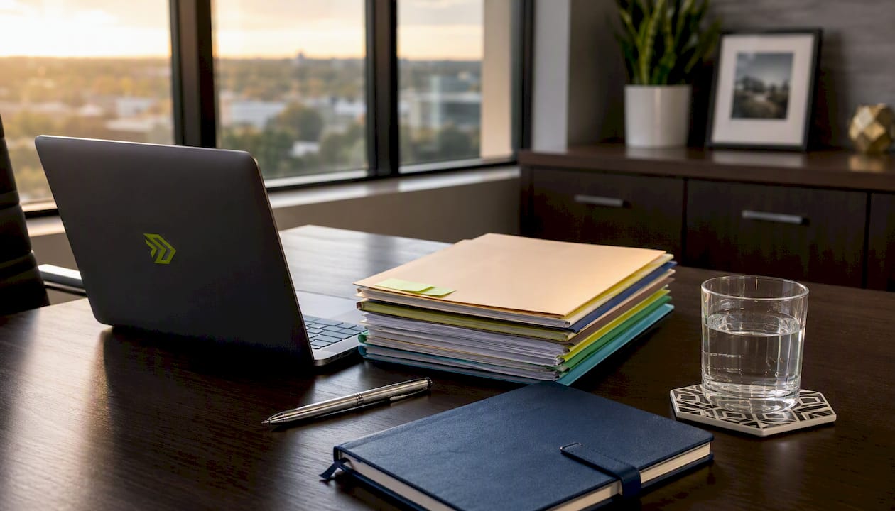 Overhead view of loan files and desk tools