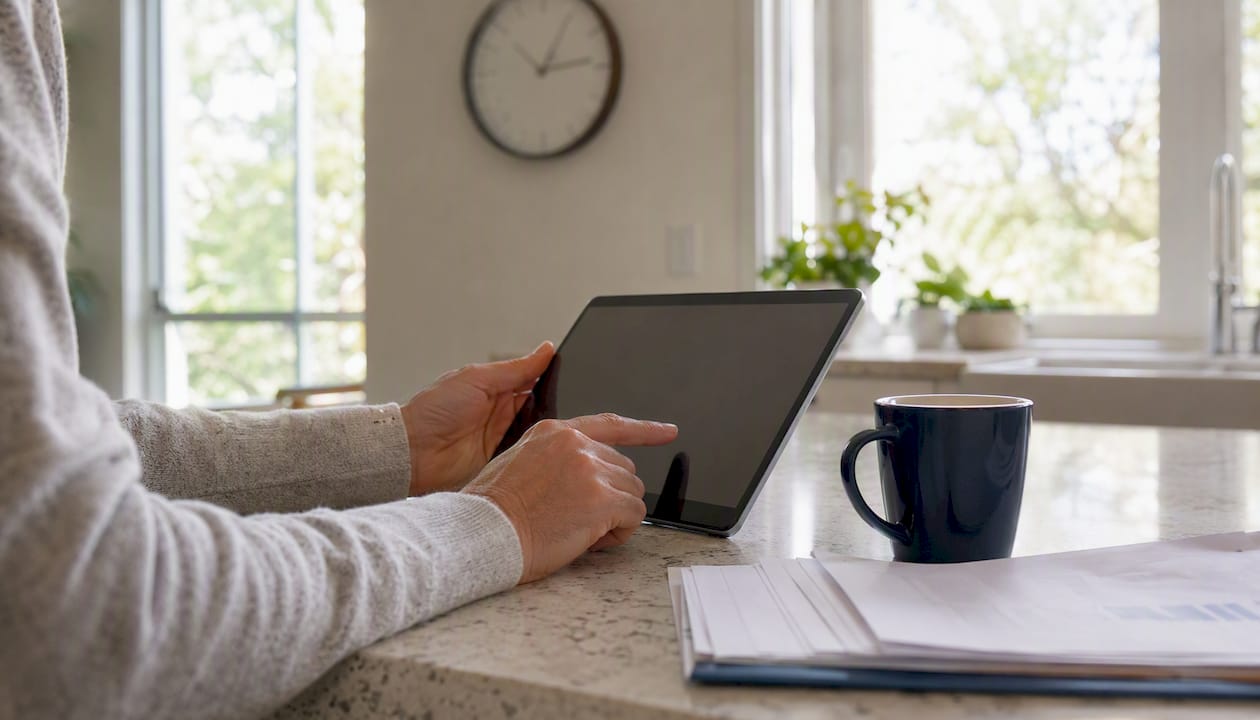 Hands interacting with tablet and documents