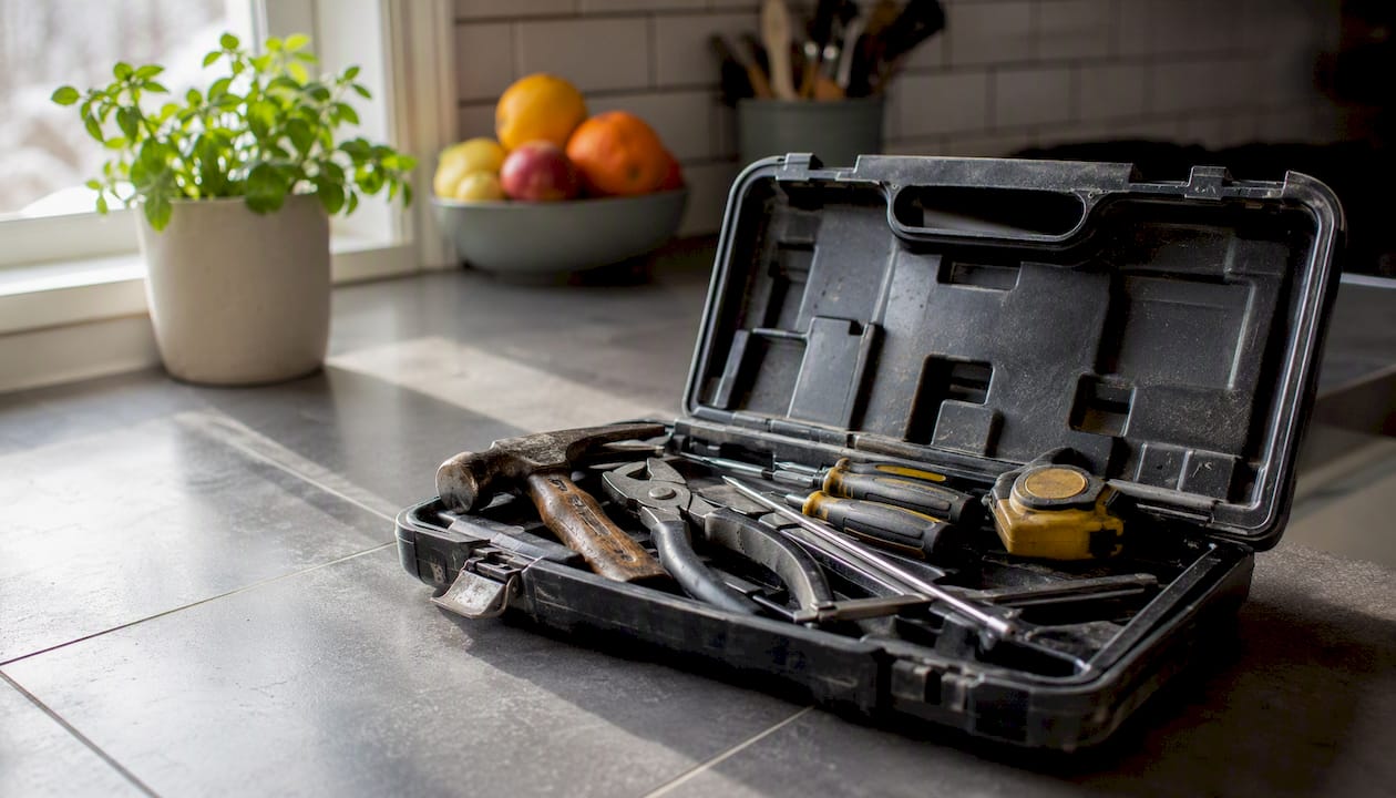 Home repair toolkit on floor under natural light