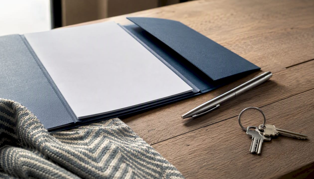 Mortgage refinance documents and keys on table