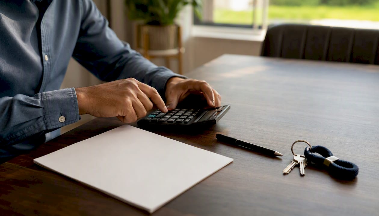 Hands using calculator and mortgage paperwork on table
