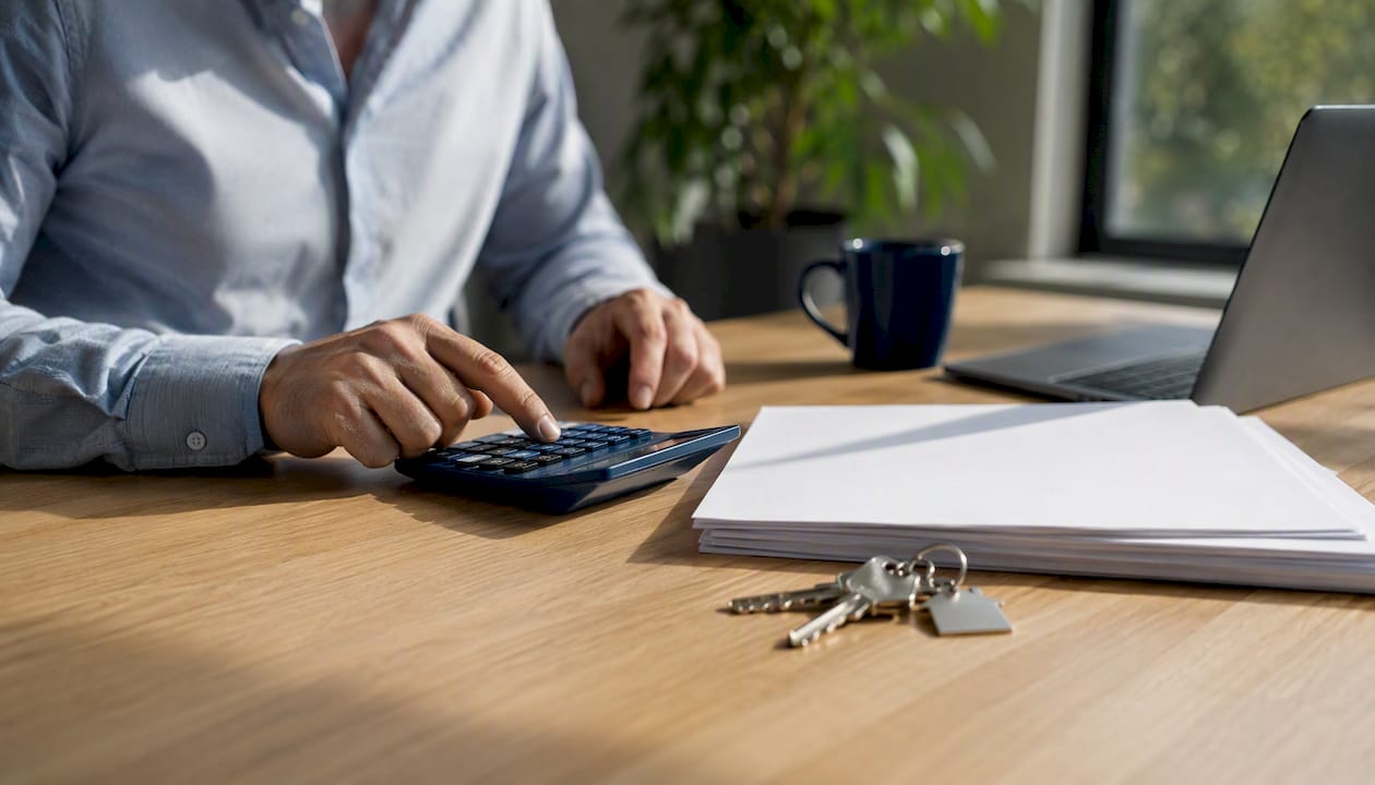 Hands calculating mortgage refinance figures
