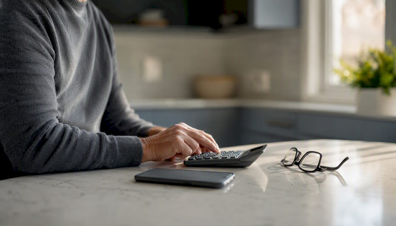 Hands using calculator on wooden table