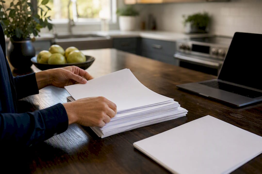 Hands checking home title documents before closing