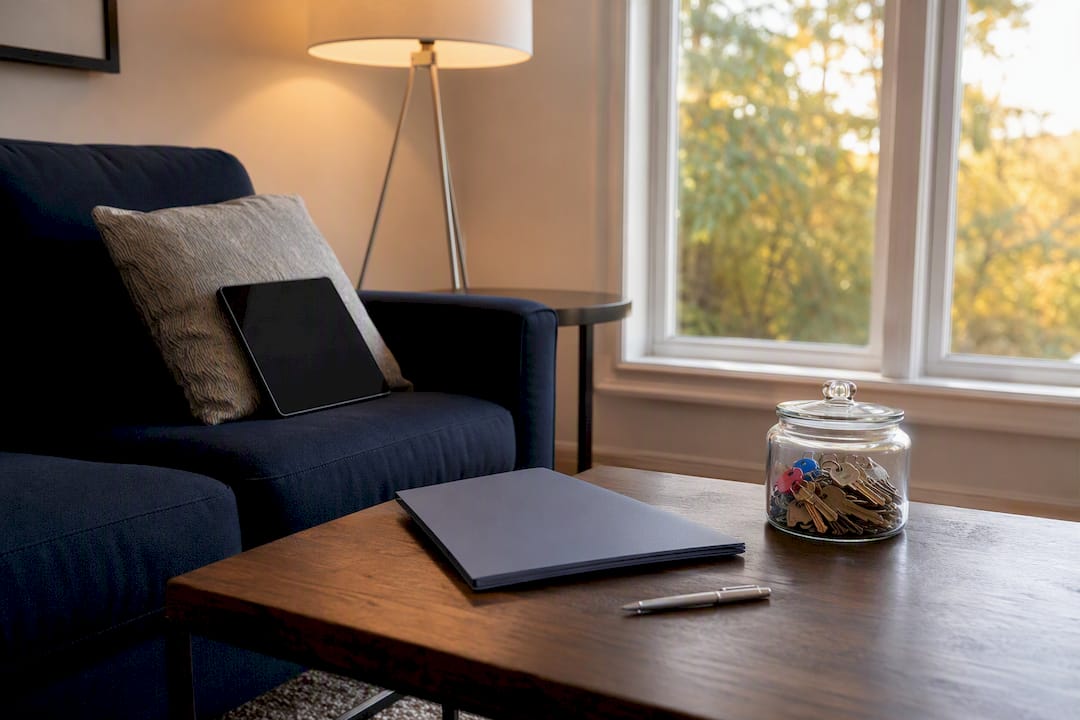 Office desk with keys and closing folder