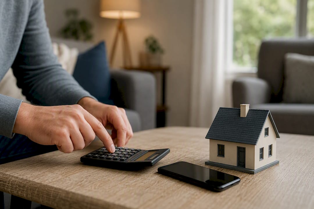 Hands calculating home refinance equity on calculator