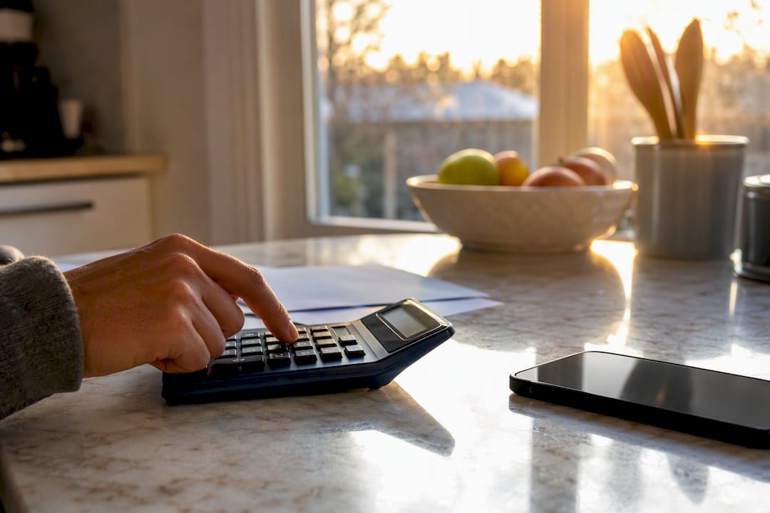 Hand using calculator for mortgage refinance