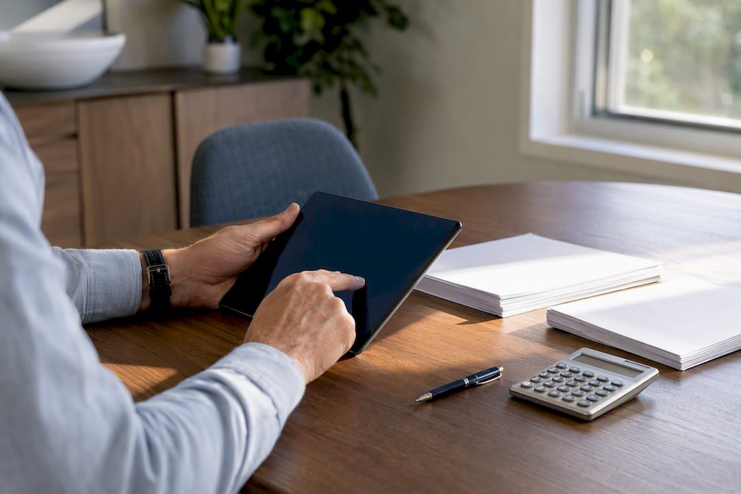 Hands pressing calculator keys on desk