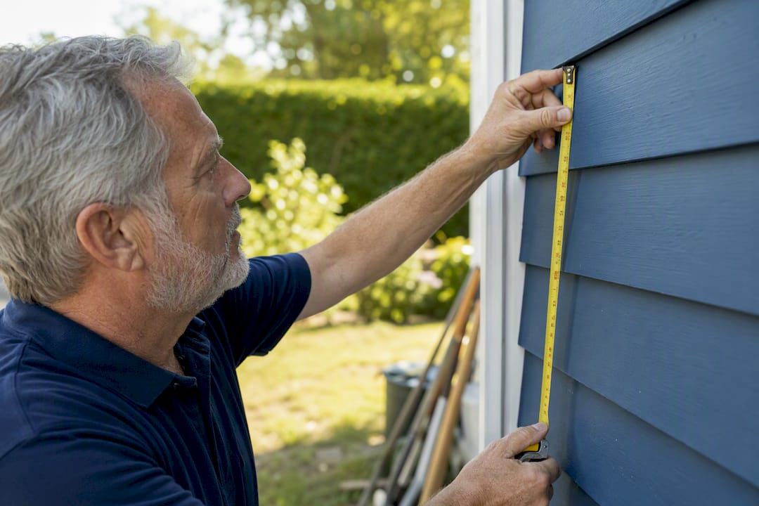 Senior homeowner measuring house exterior