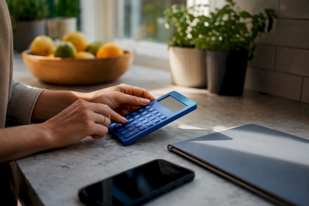 Hands using calculator near blank folder and smartphone