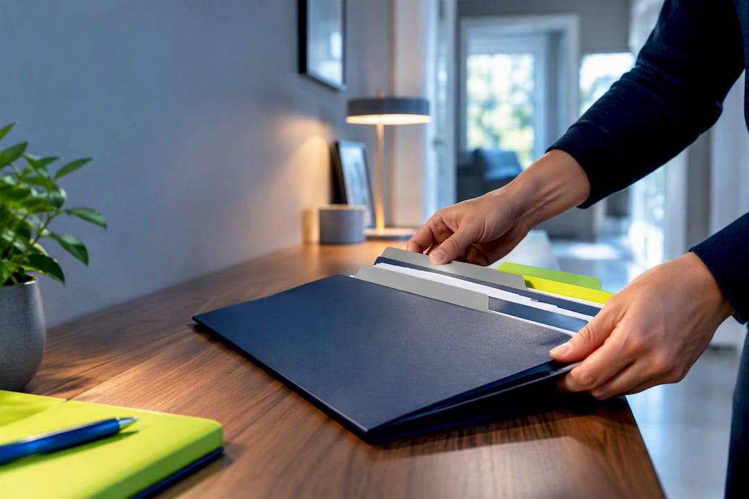 Hands organizing VA loan closing documents