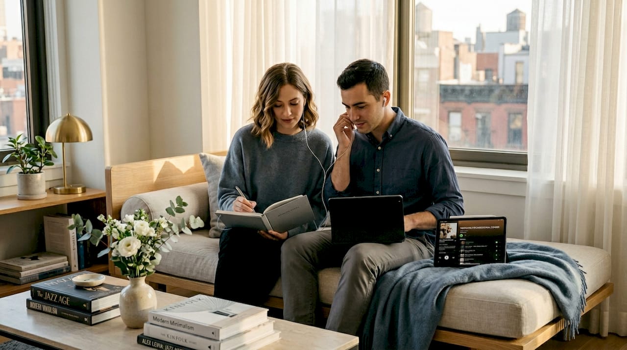 Couple listening to wedding song playlist