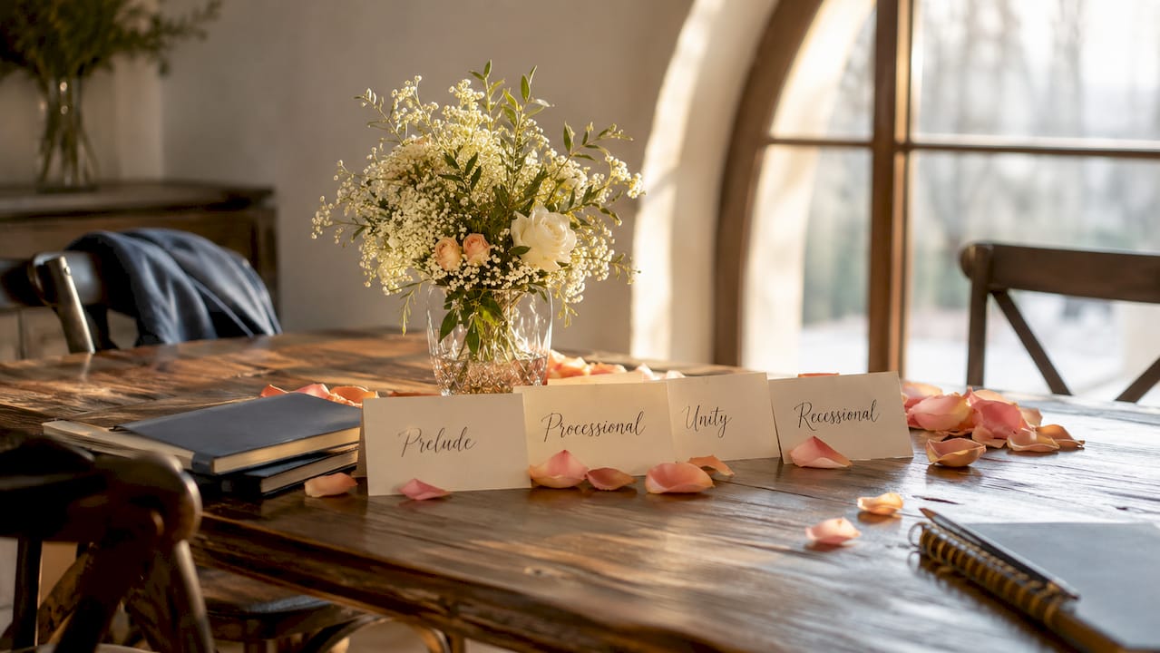 Cards showing wedding music categories on table