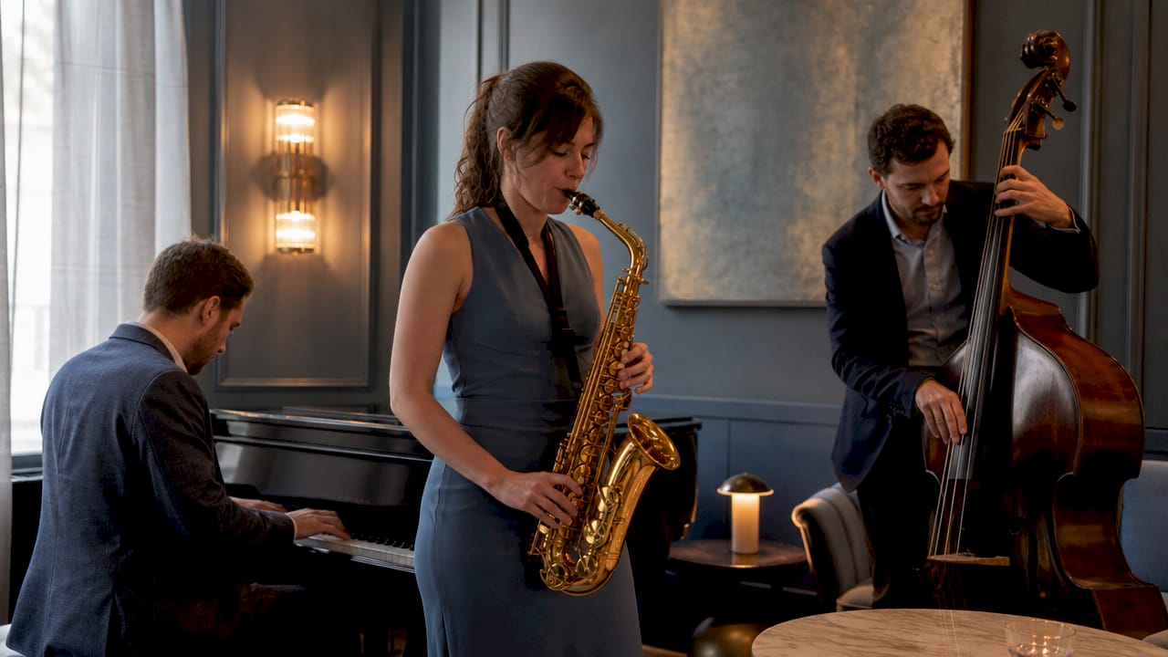 Jazz musicians tuning backstage before performance