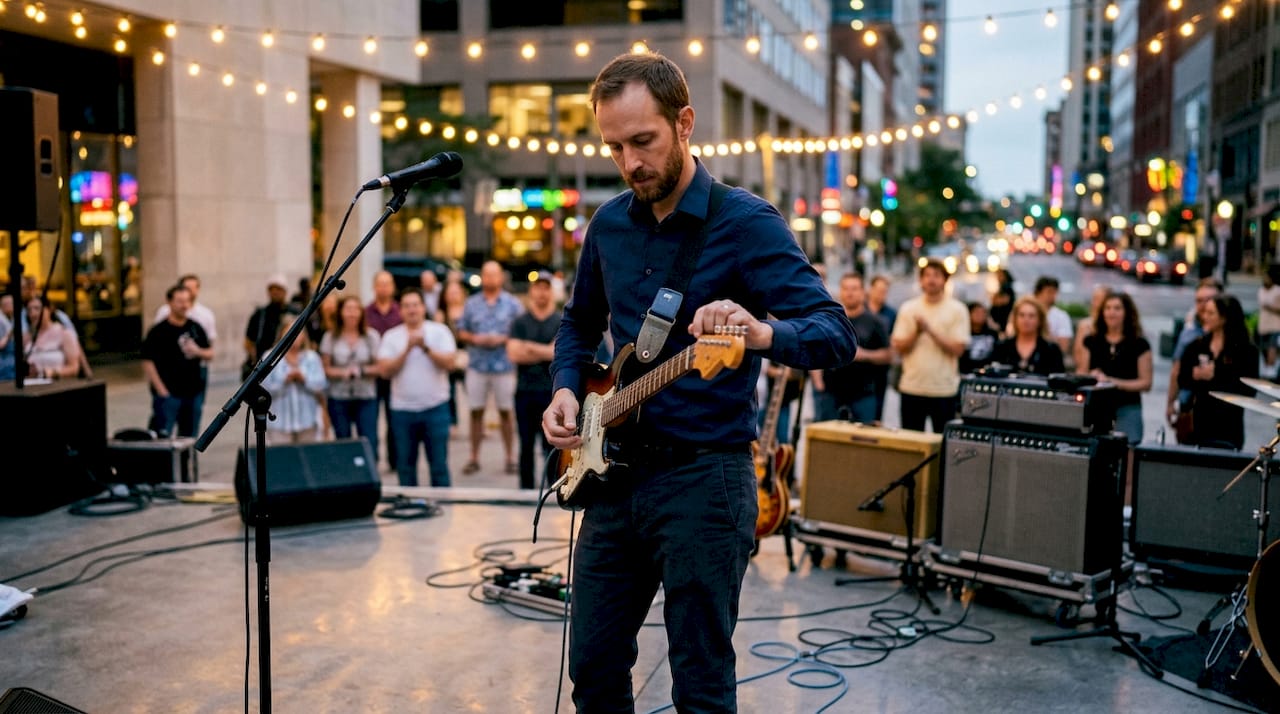 Musician tuning guitar on small venue stage