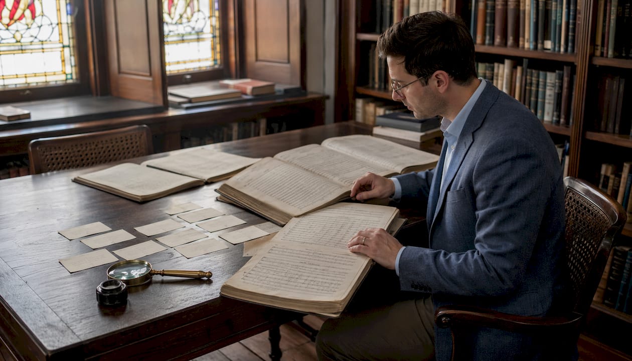 Librarian hands sorting archival music catalogs