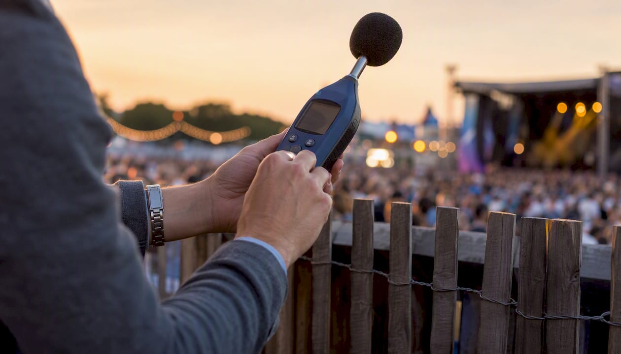 Hands operating sound level meter near concert stage