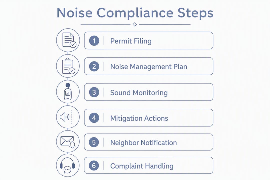 Infographic showing steps for noise ordinance compliance