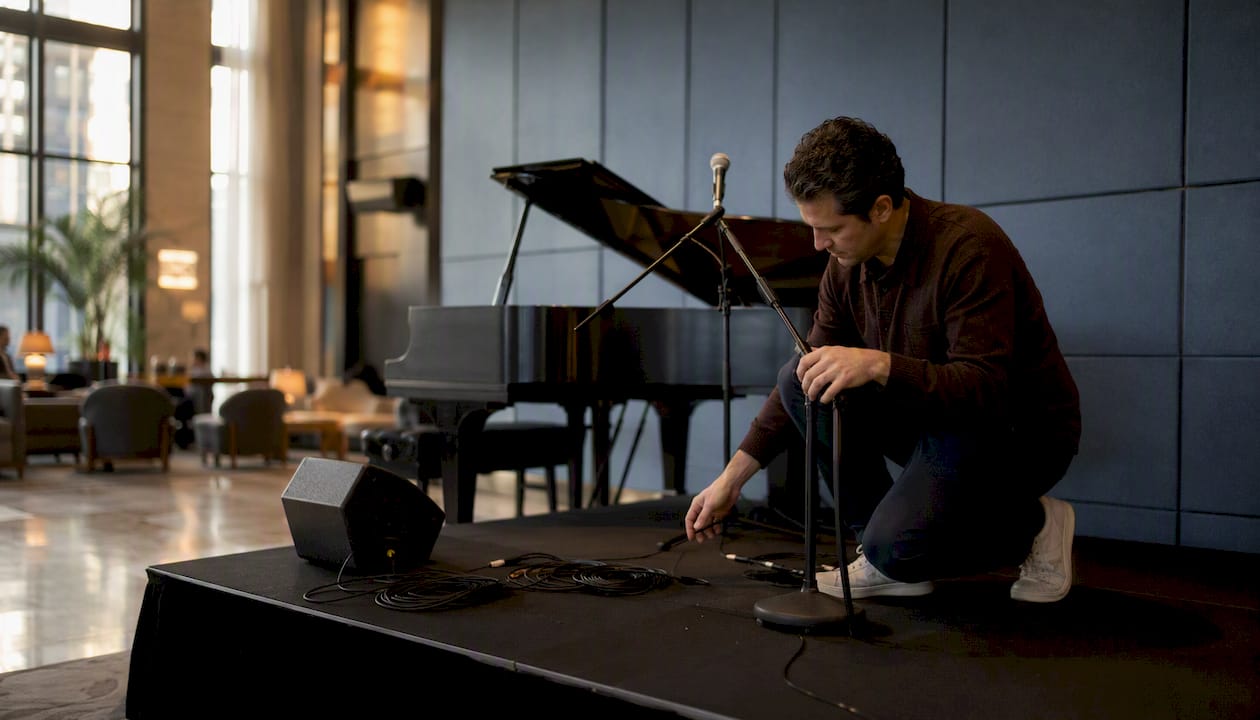 Technician setting microphone on lobby stage