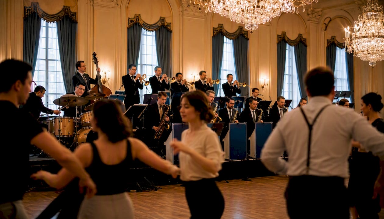 Large swing band performing with dancers