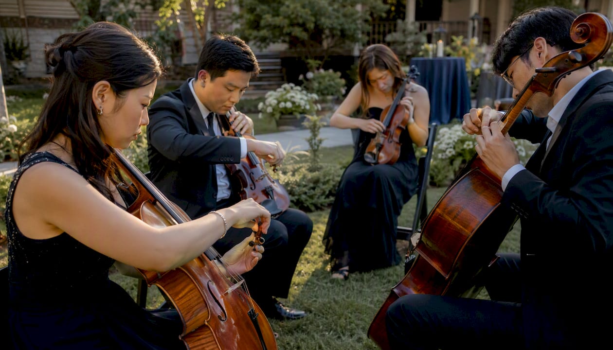 String quartet tuning instruments on stage