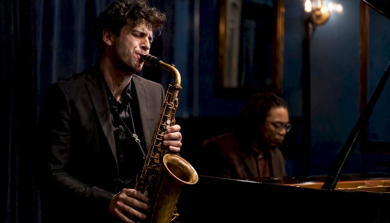 Saxophonist improvising with vintage saxophone