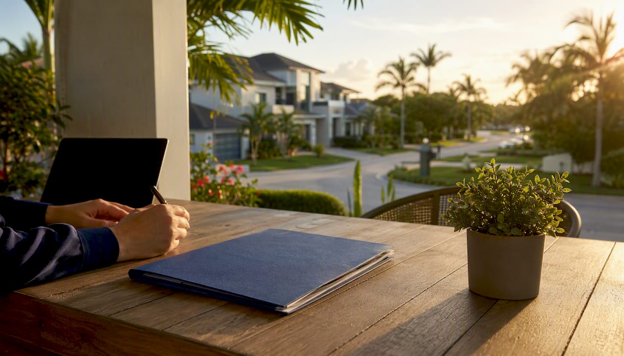 Folder on table with Florida neighborhood background