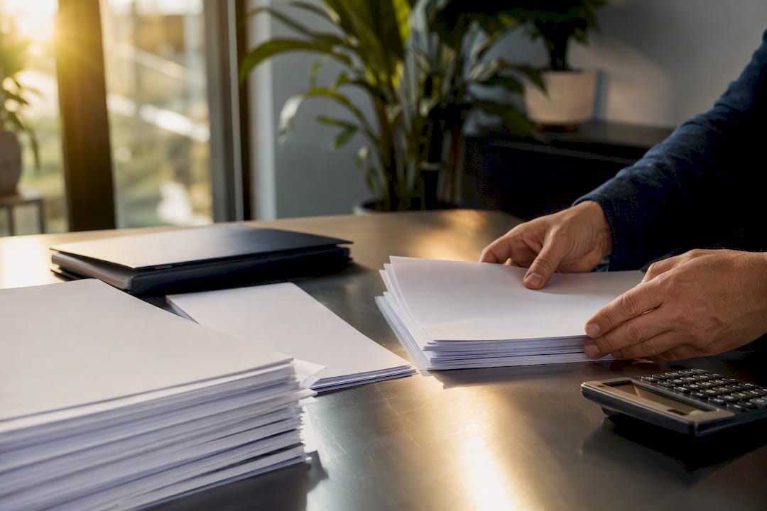 Hands organizing financial documents on desk