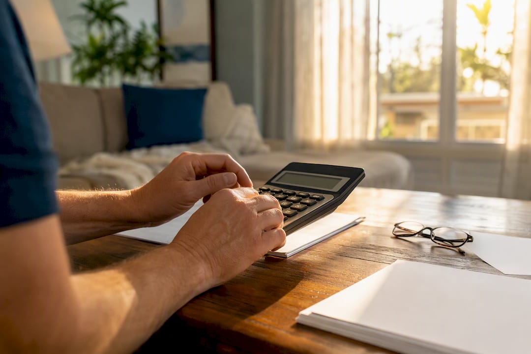 Hands calculating residual income on calculator