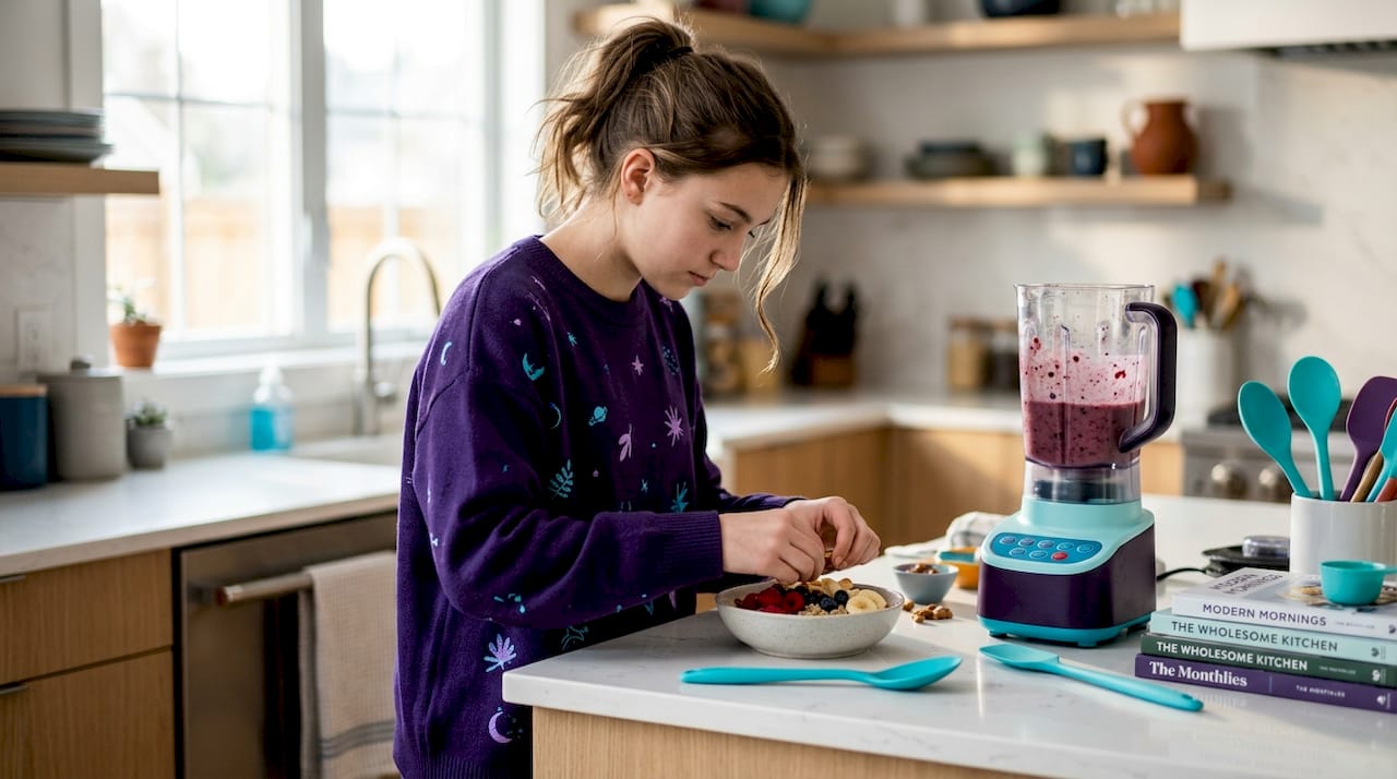 Teen girl makes breakfast in home kitchen