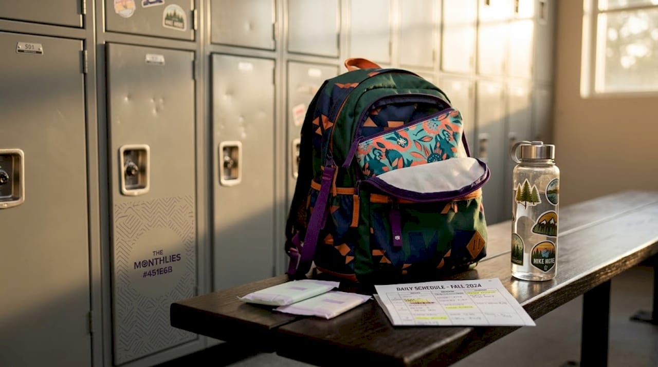 Sanitary pads pouch in backpack by locker
