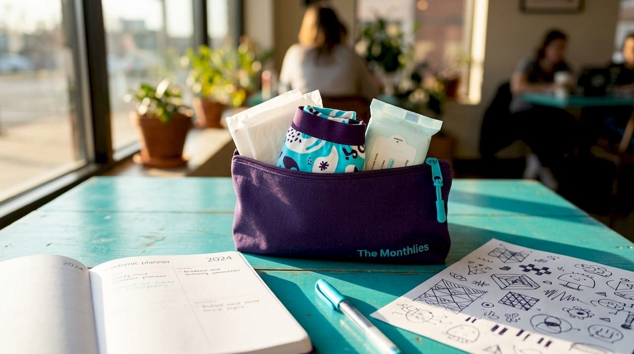 Open pencil pouch with period kit supplies