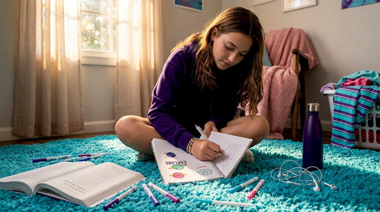 Teen girl journaling in her bedroom