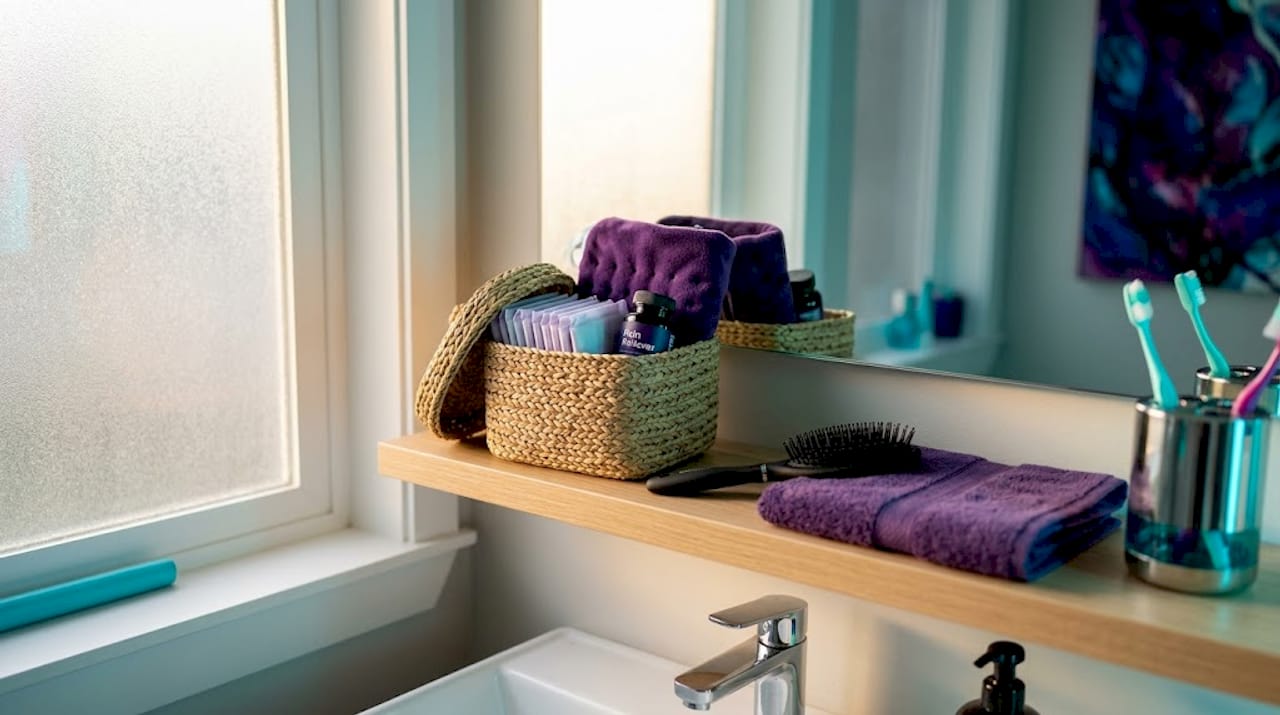 Basket with period supplies on bathroom shelf