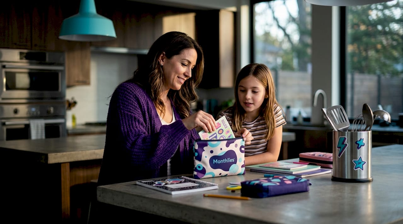 Mother and daughter preparing period kit