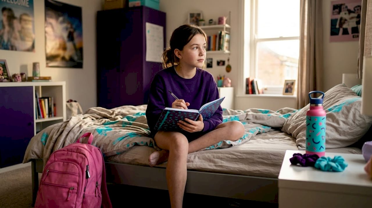 Girl journaling in sunlit bedroom