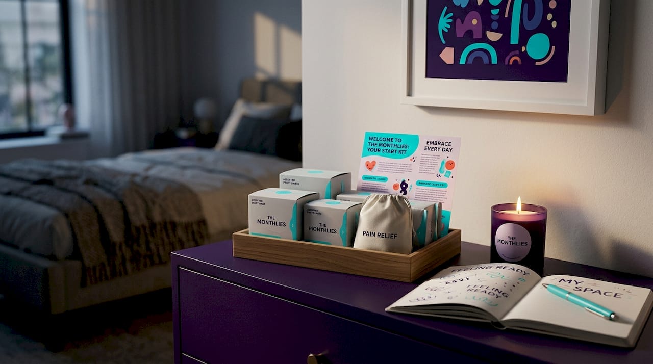 Period starter kit laid out on girl's bedroom desk