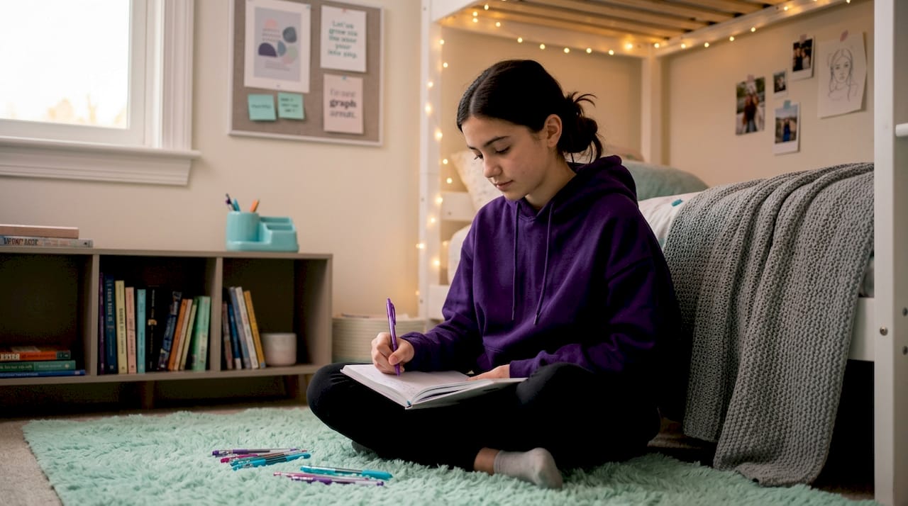 Young girl writing journal about first period experiences