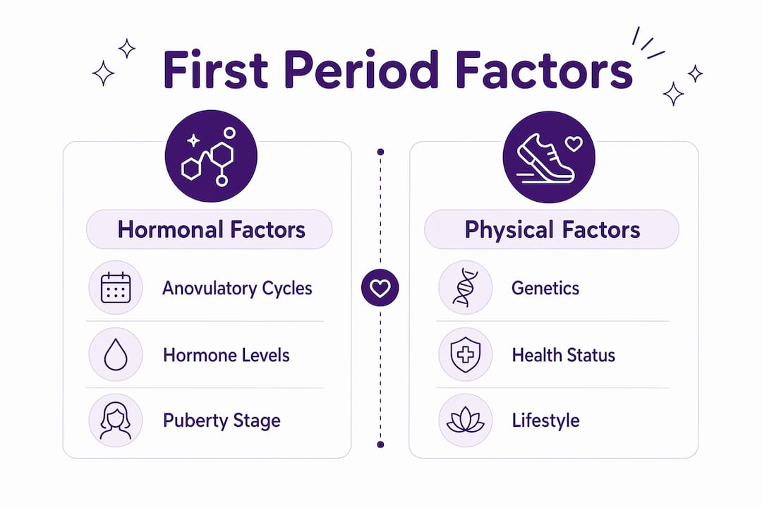 Infographic showing hormonal and physical factors influencing first period duration