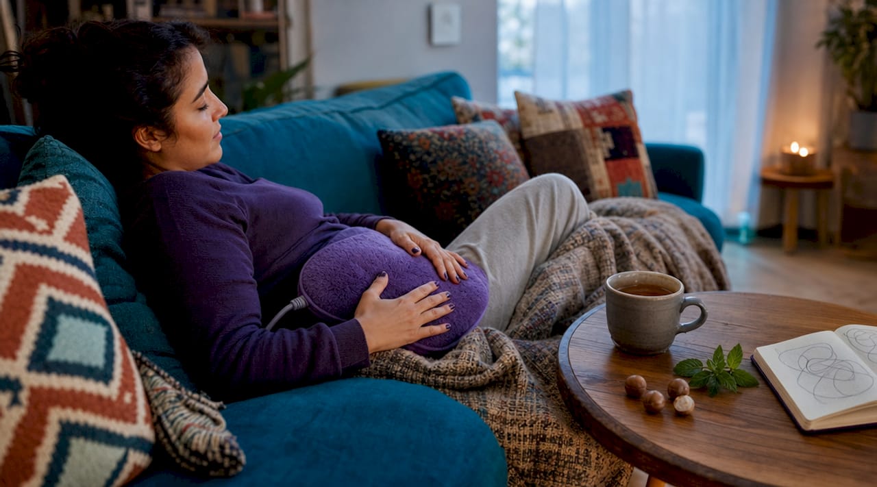 Hands on heating pad with period comfort items