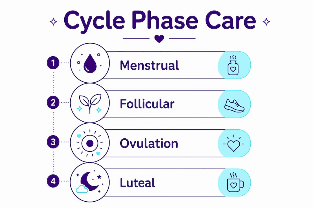 Infographic showing menstrual cycle phases with self-care tips