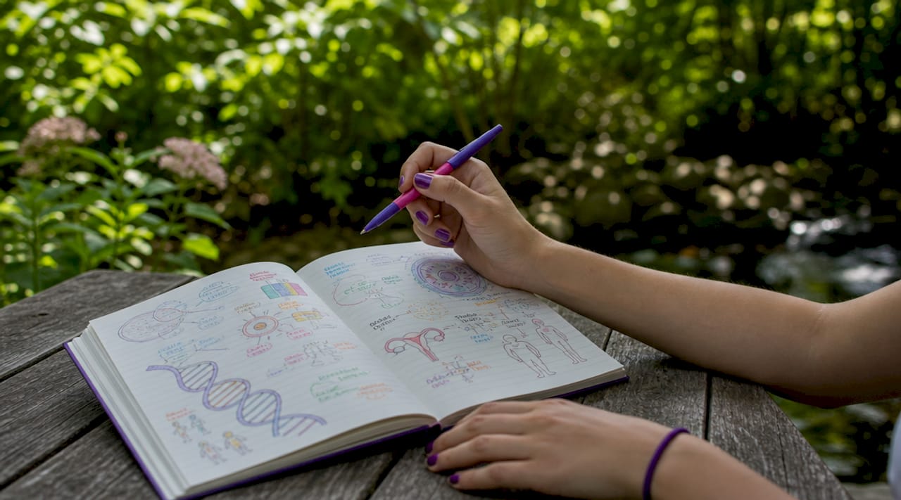 Hands studying genetics and first period timing notes