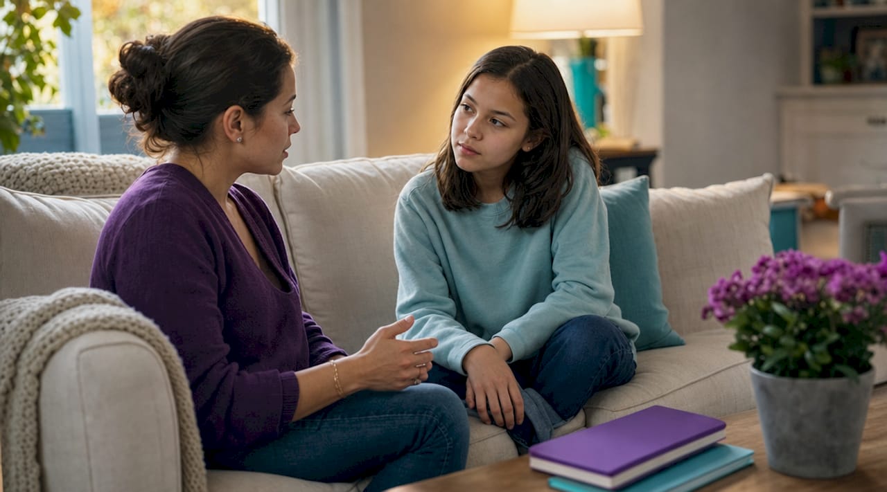 Mother gently talking to daughter about breasts