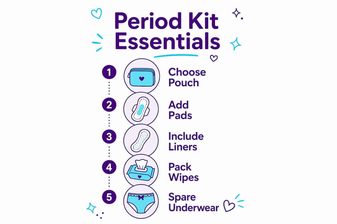 Infographic outlining essential items for period kit